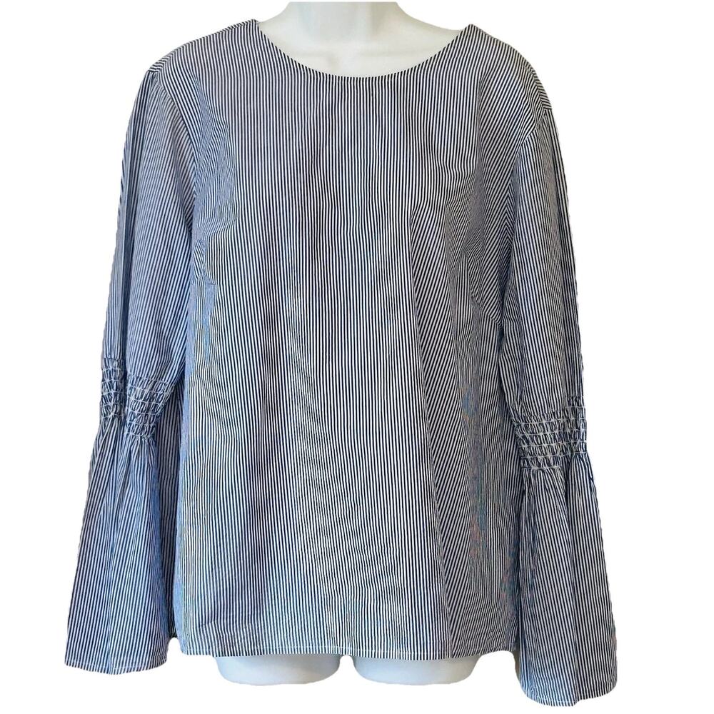 Beach Lunch Lounge Blouse Size XL Blue Stripe Bell Flare Sleeves Smocking